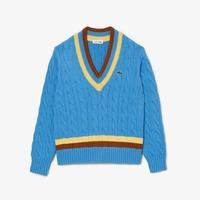 Lacoste dámský pletený vlněný svetr s výstřihem ve tvaru V a s copánkovým vzorem060