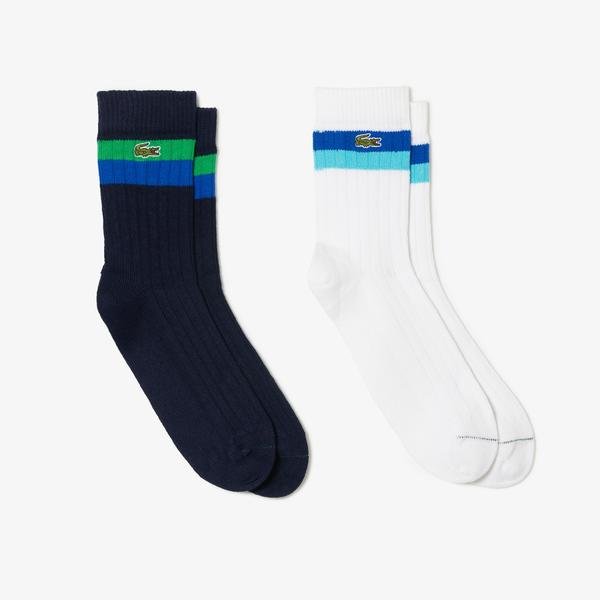 Lacoste unisex vysoké pruhované žebrované bavlněné ponožky v balení dvou párů